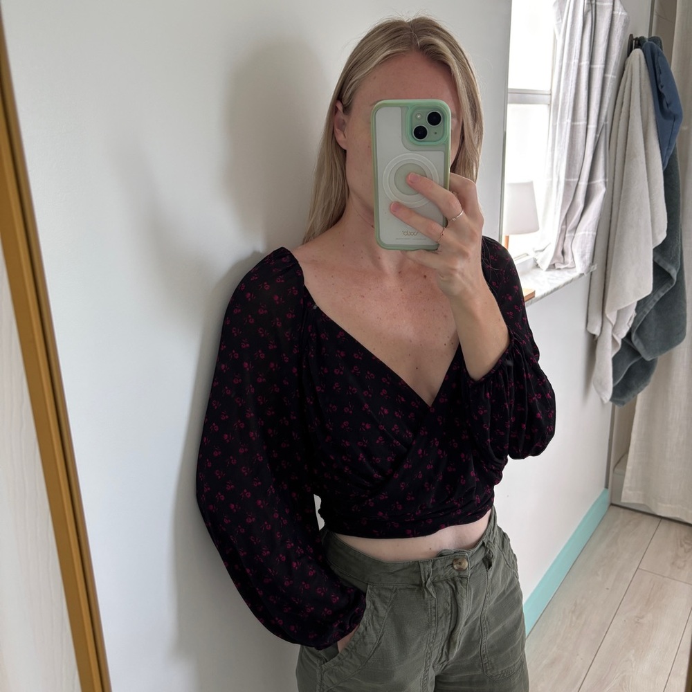 Free People Black Wrap Crop Blouse with Long Sleeves